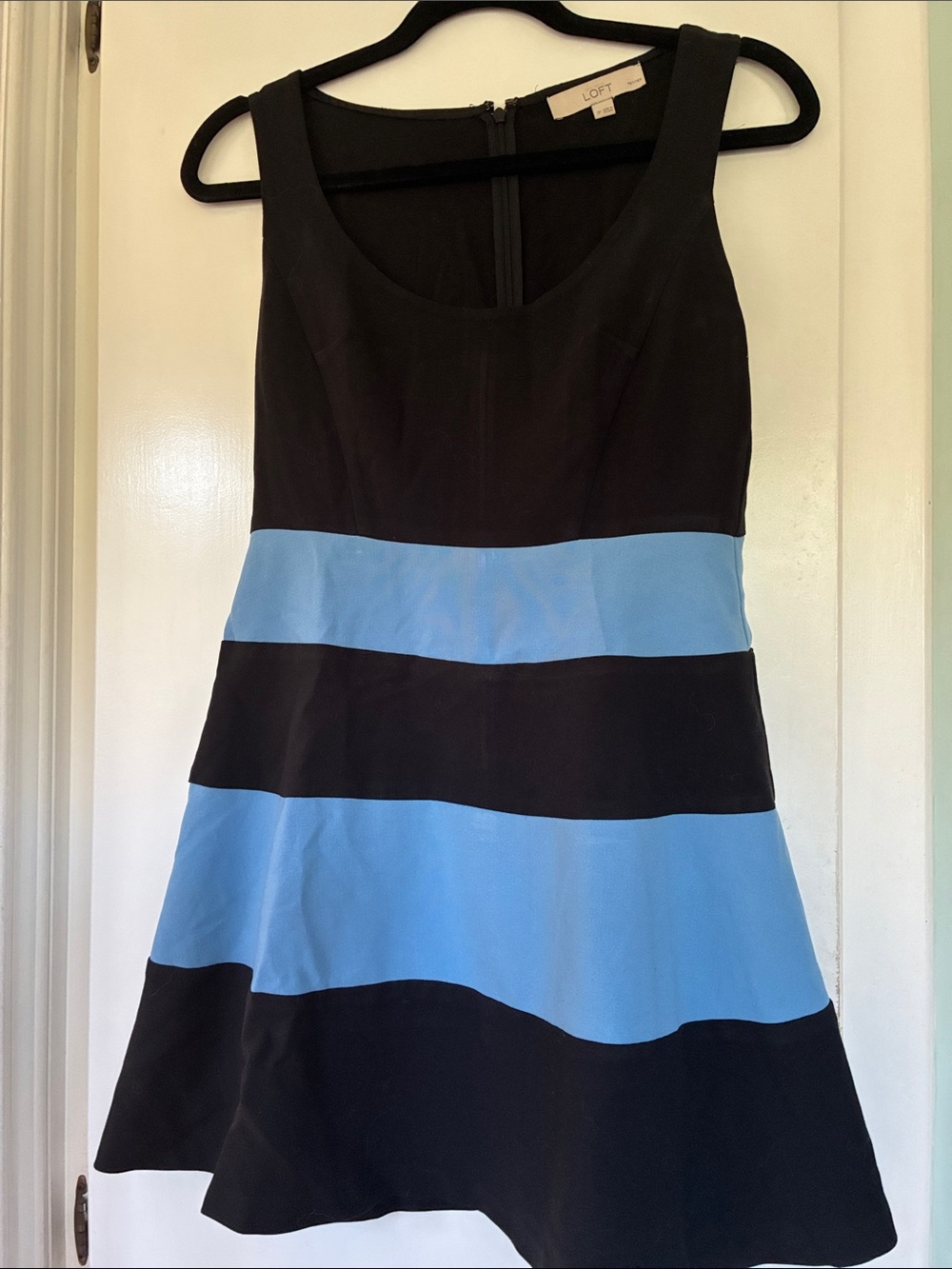 LOFT Black and Light Blue Striped Sleeveless Fit-and-Flare Dress, Petite 2P